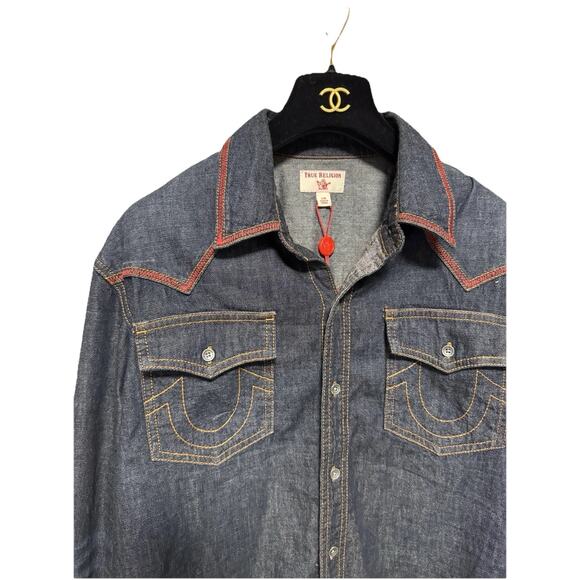 NWT True Religion Mens Large Blue Denim Western Released Hem Long Sleeve Shirt - Picture 4 of 10
